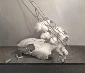 <em>"Bullets, Cotton & Skull"</em>By John Metido, Oil on Panel