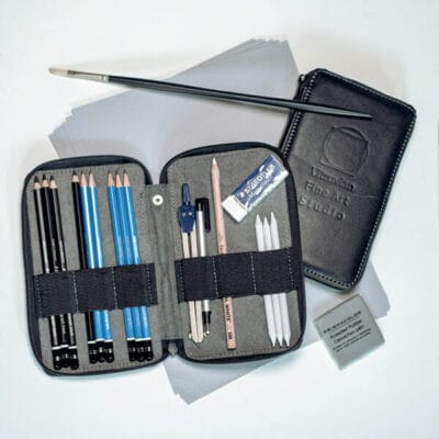 Pencils, erasers, paper and other drawing materials.